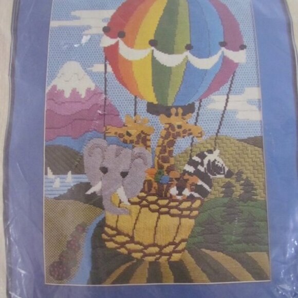 Vintage Needlepoint Kit Animals Hot Air Balloon Paternayan Embroidery Tapestry - Picture 6 of 10